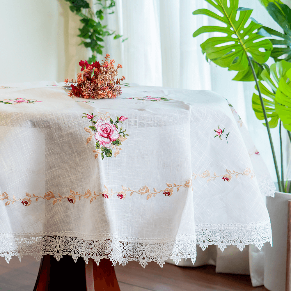 White & Pink Floral Lace Tablecloth