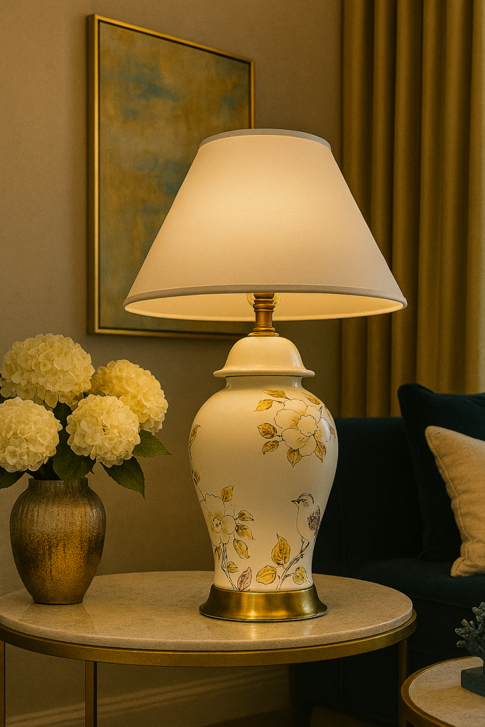 CERAMIC LAMP WITH WHITE FLOWERS